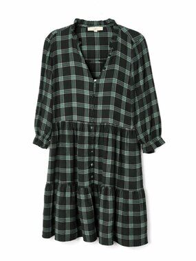 LOFT Dark Green Plaid Tiered Shirt Dress Ruffle Neck Button Front Casual Large